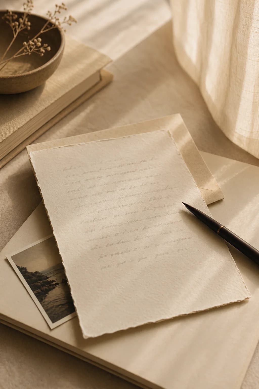 Carta escrita a mano con una fotografía y una pluma.